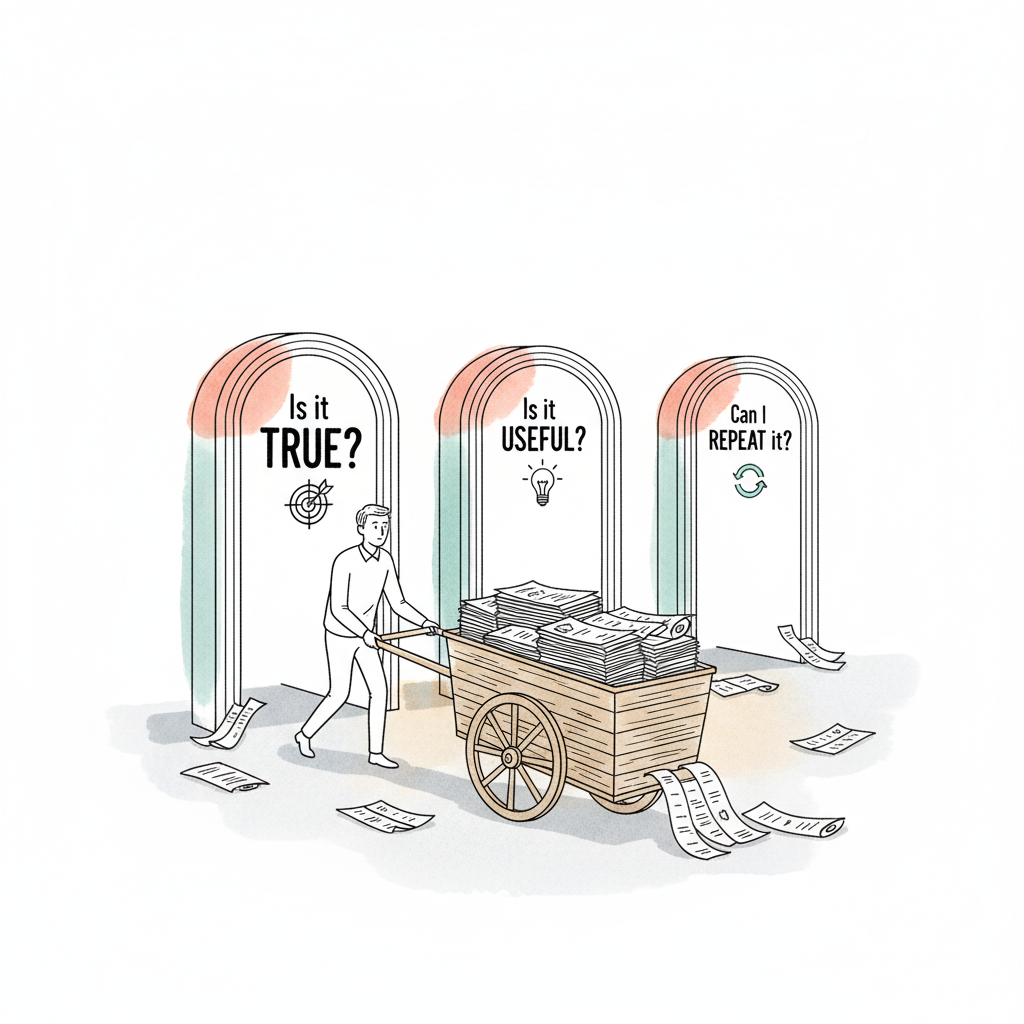 Writer pushing cart through three gates labeled Is it True, Is it Useful, Can I Repeat It