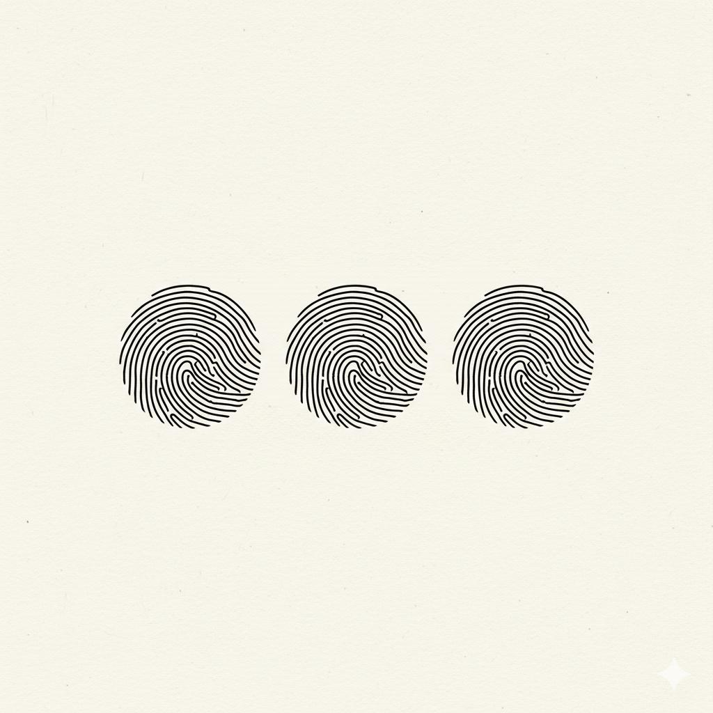 Three distinct fingerprints — each unique, each intentional